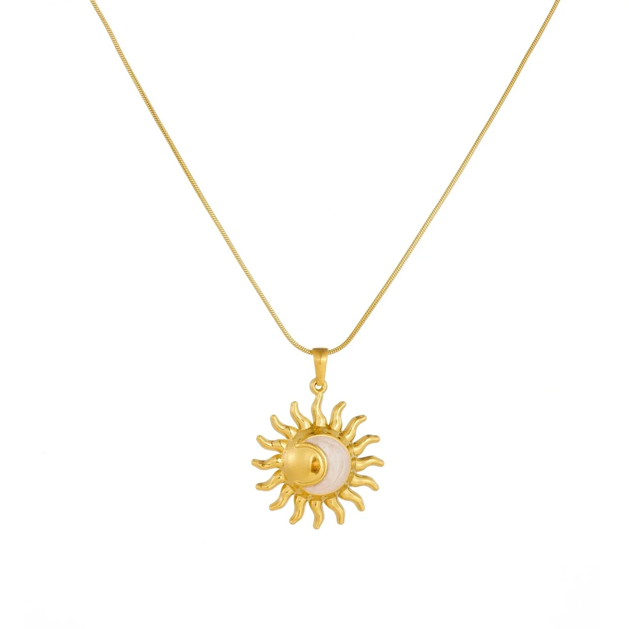 Pendant: Sunburst Moon Enamel Stainless Steel Necklace, Gold-Plated