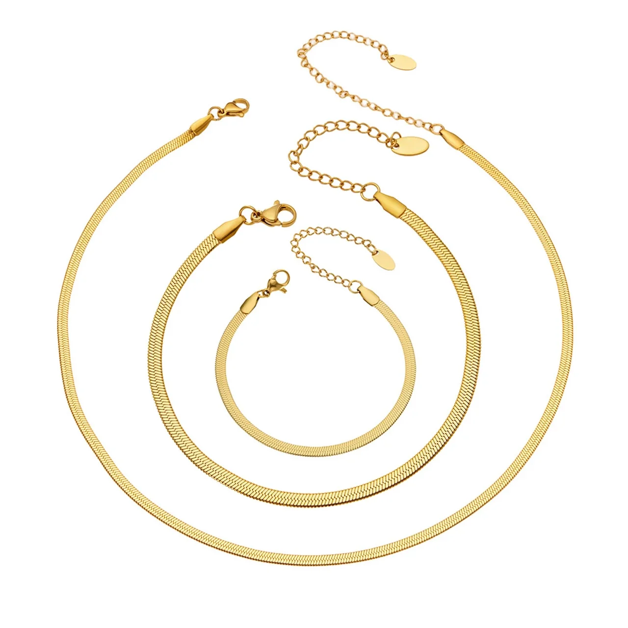 Sleek 18K Gold-Plated 316 Stainless Steel Flat Herringbone Chain Jewelry Set