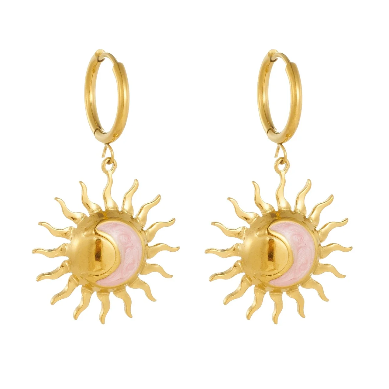 Hoop Earrings with Sunburst Pink Moon, Gold-Plated Steel
