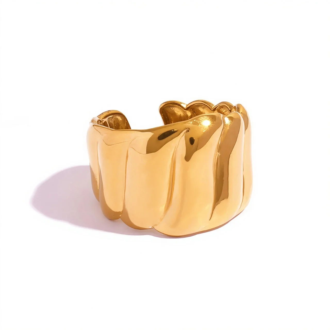 Wide Ribbed Open-Front Ring in Stainless Steel Gold PVD